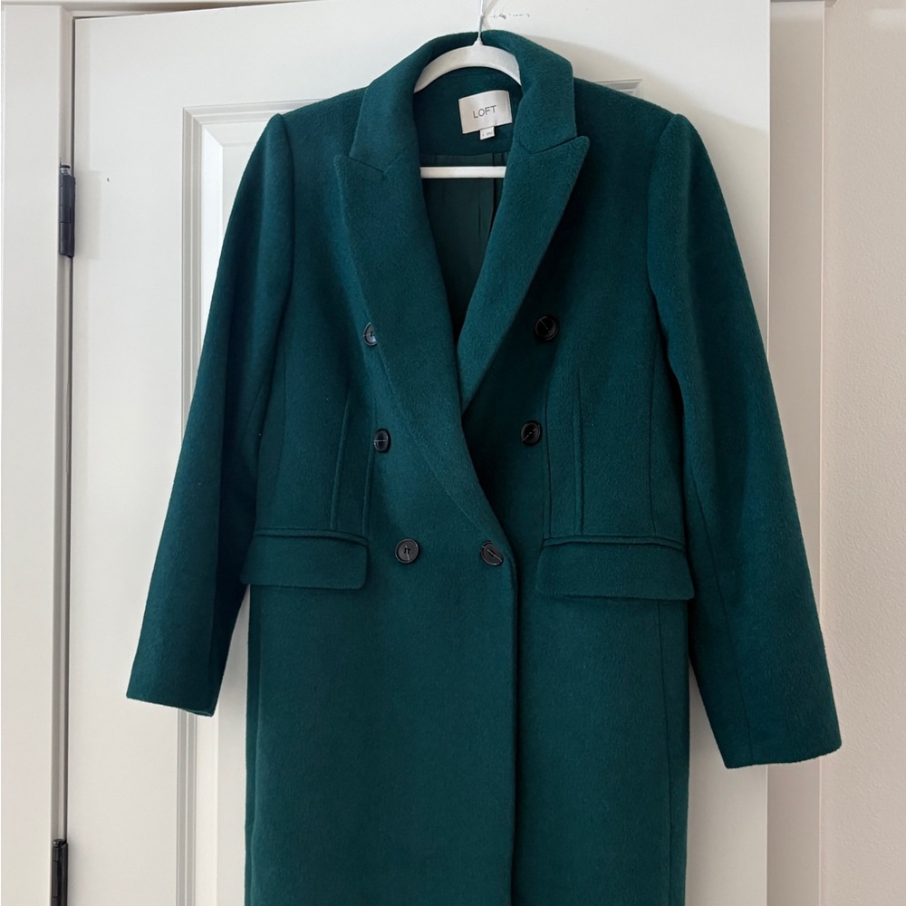 LOFT Teal Double-Breasted Wool Blend Trench Coat